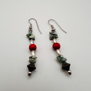 Boho Southwestern Beaded‎ Dangle Earrings Red Green Silver Tone Fishhook Drop